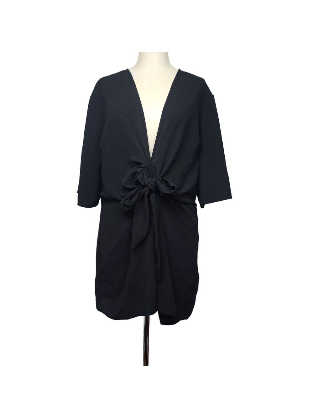 PrettyLittleThing Deep V Black Front Tie Romper 20
